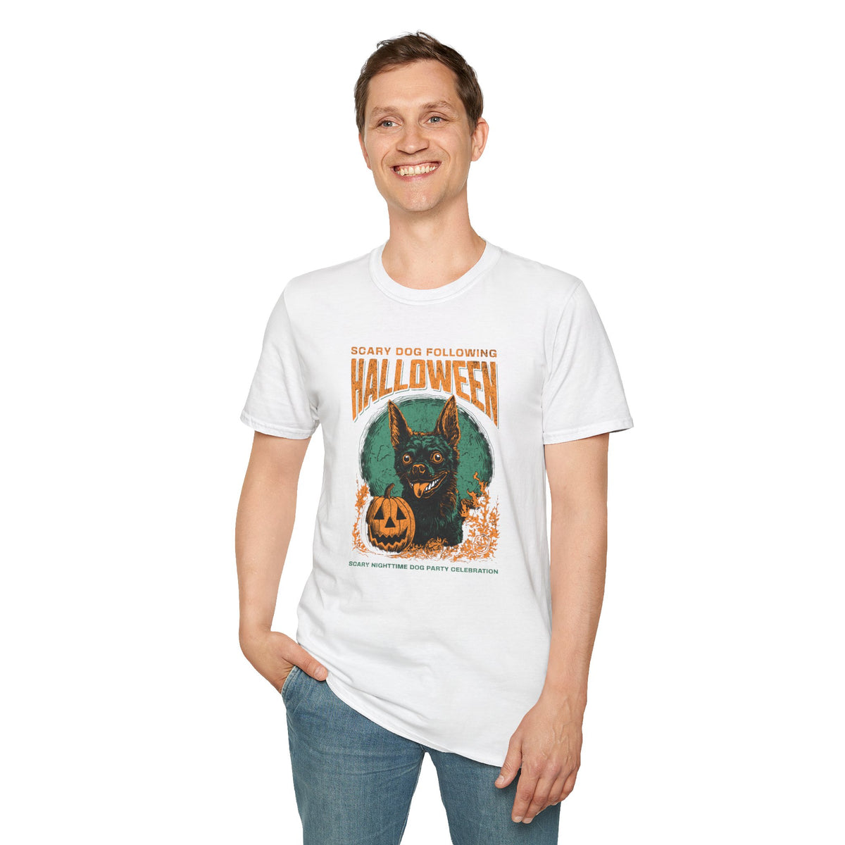 Halloween Dog T‑Shirt — "Scary Dog Following Halloween" Graphic Tee