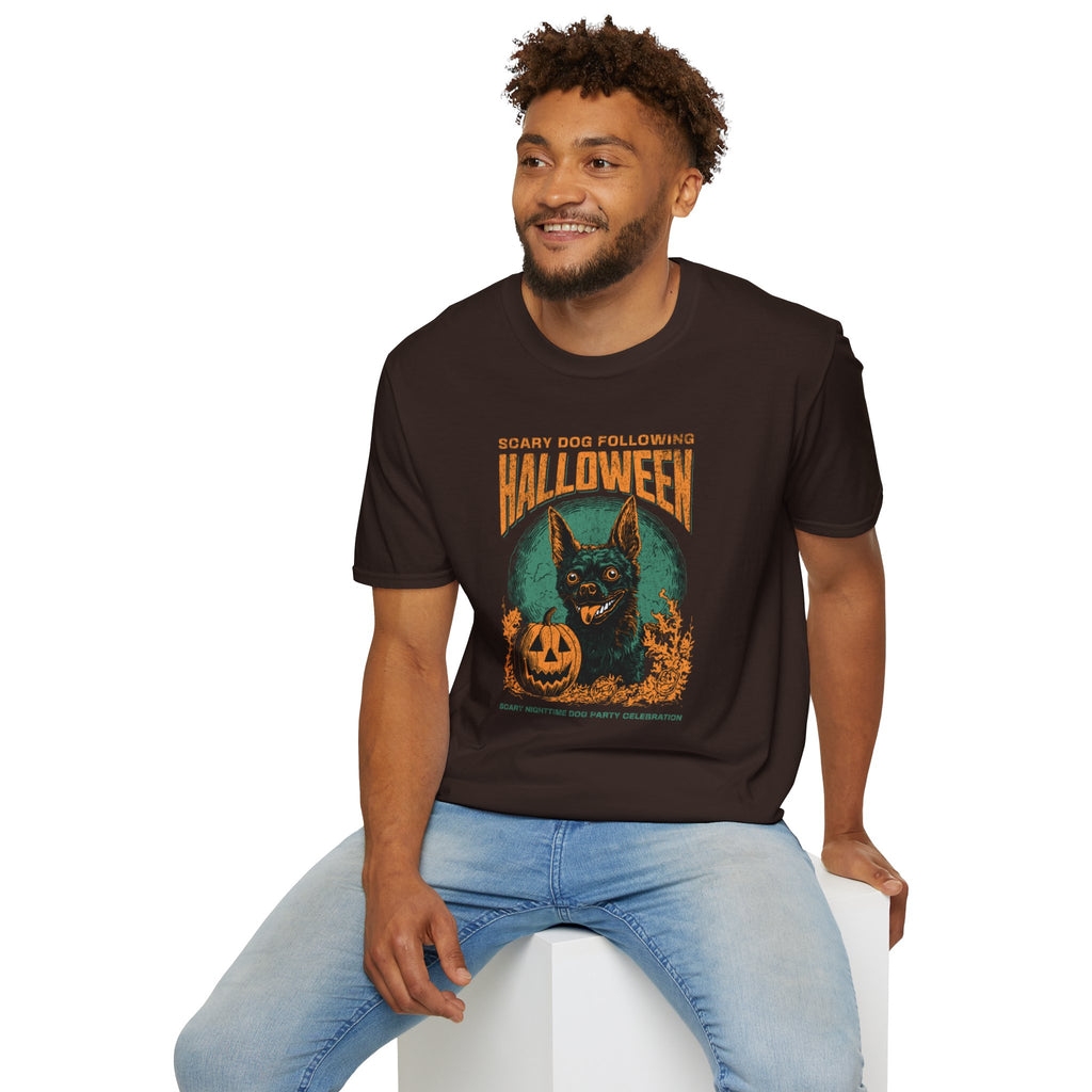 Halloween Dog T‑Shirt — "Scary Dog Following Halloween" Graphic Tee