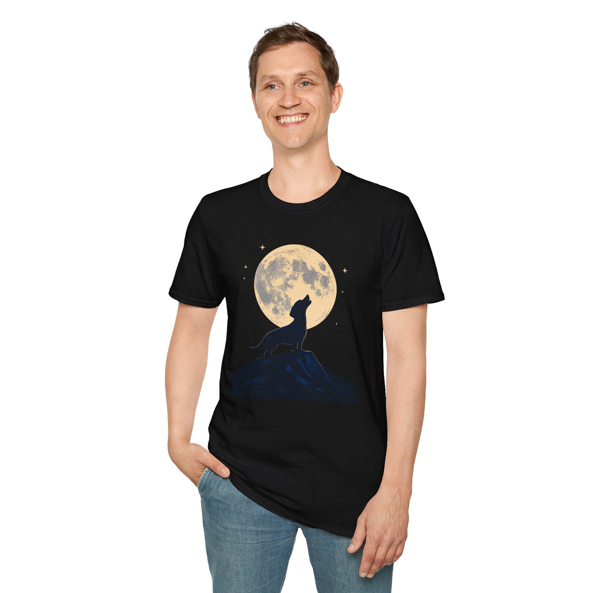 Howling Moon T-Shirt — Silhouette Wolf & Full Moon Night Sky Tee