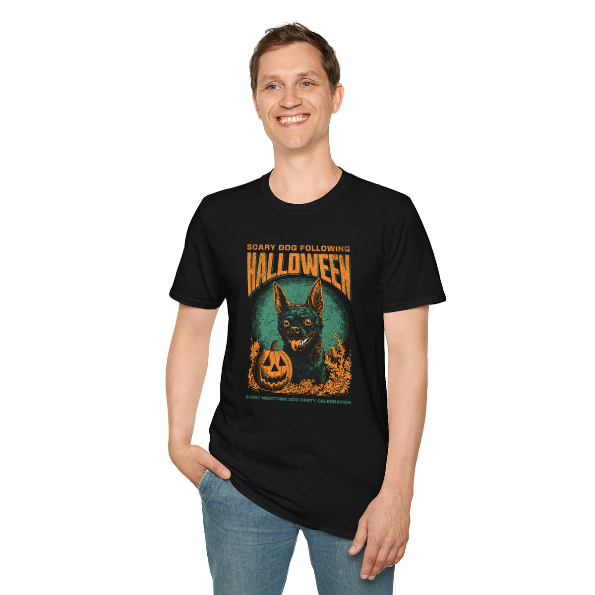 Halloween Dog T‑Shirt — "Scary Dog Following Halloween" Graphic Tee