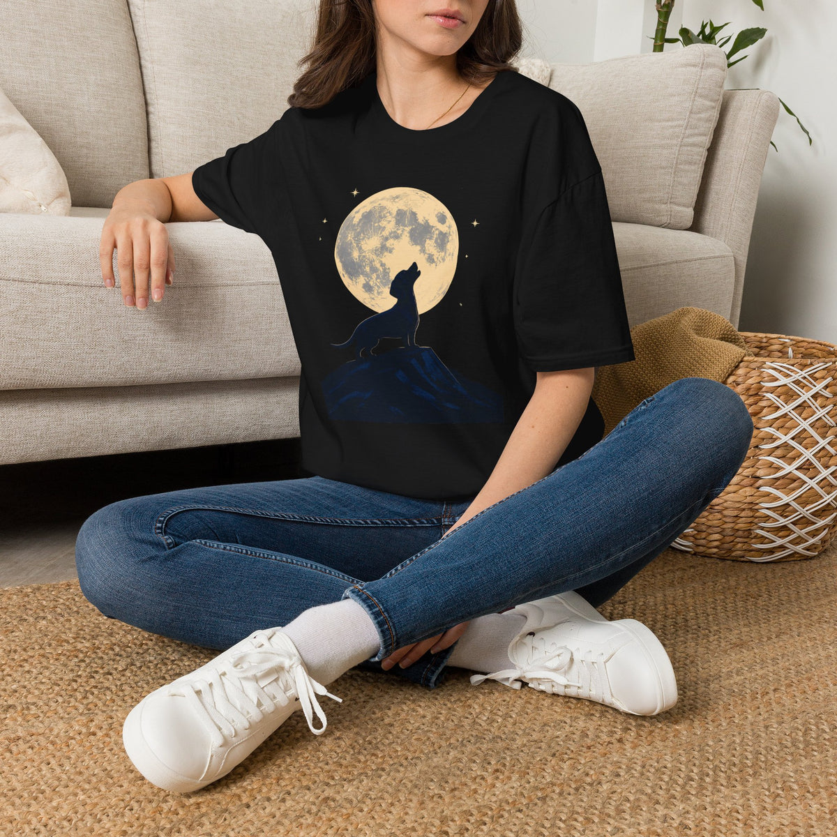 Howling Moon T-Shirt — Silhouette Wolf & Full Moon Night Sky Tee