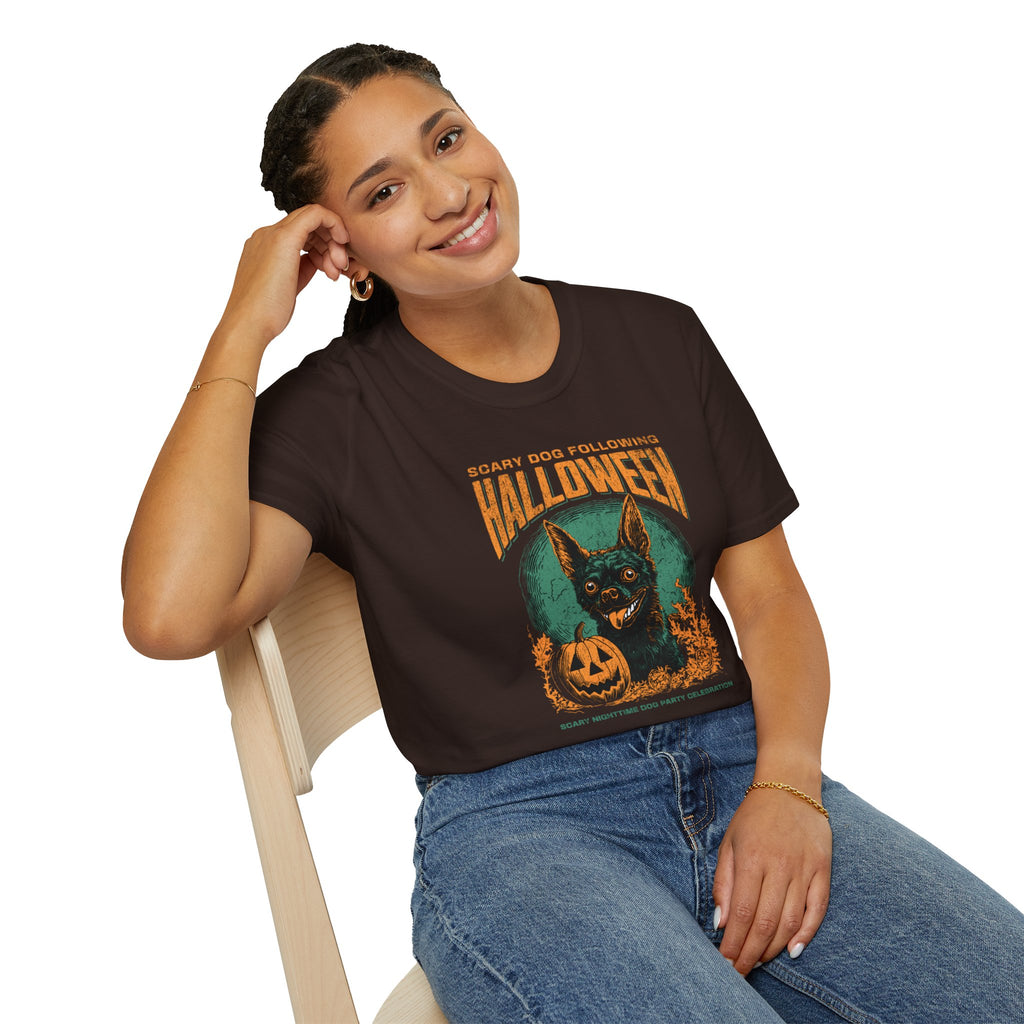 Halloween Dog T‑Shirt — "Scary Dog Following Halloween" Graphic Tee